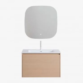 Conjunto De Móvel De Casa De Banho Suspenso Em Madeira Com Lavatório Integrado Jacob Madeira Natural & Quadrado Led E Anti-embaciamento - Sklum