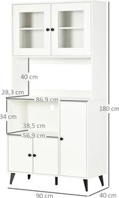 Armário de cozinha com 3 compartimentos 90 x 40 x 180 cm, compartimentos abertos, prateleiras ajustáveis, portas com vidro, passacabo, branco