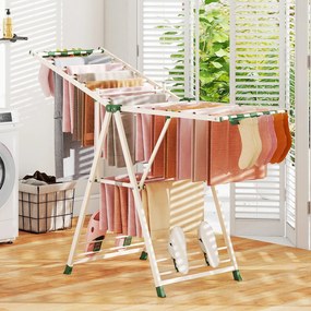 Estendal dobrável com braços ajustáveis 163 x 56 x 99–158 cm, pinças para meias e prateleira para sapatos, secador de roupa extensível bege