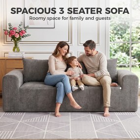 Sofá 3 Lugares em Chenille 220 cm, Sofá de Sala Moderna com Assento e Braços Largos, 3 Almofadas, Cinza