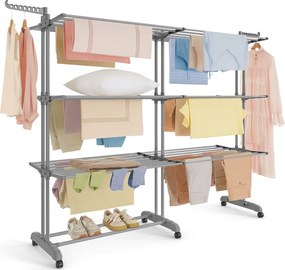 Estendal de roupa de 4 prateleiras com rodas 63,5 x (131-200) x 177,5 cm, cinzento