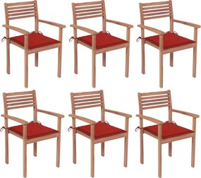 vidaXL Cadeiras de jardim empilháveis c/ almofadões 6 pcs teca maciça