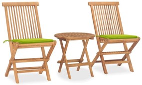 3 pcs conj. jantar dobrável exterior c/ almofadão teca maciça