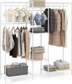 Guarda-roupa aberto portátil 188 x 46 x 198 cm conversível L metálico com 7 prateleiras ajustáveis 4 barras Carga 530 kg Branco