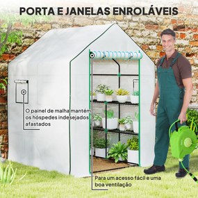 Estufa de Jardim Pequena de 3 Níveis com 6 Prateleiras Porta Enrolável e Capa de PE 140x143x190 cm Branco