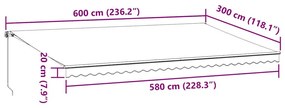 Toldo retrátil manual com LED 600x300 cm antracite/branco