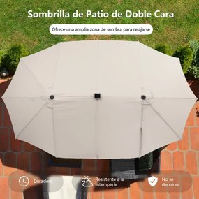 Guarda-sol dupla face de 470 cm com base Areia e 48 luzes LED Painel solar de carregamento automático Mecanismo de manivela Bege