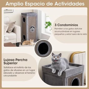 Casa para gatos com 3 cavernas com 3 esconderijos e painéis de sisal para arranhar, cama superior com almofada removível cinza