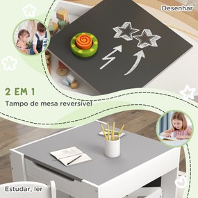 Conjunto de Mesa e 2 Cadeiras Infantis 2 em 1 com Ardósia Gavetas de Tecido e Espaço de Armazenamento para Quarto Cinza