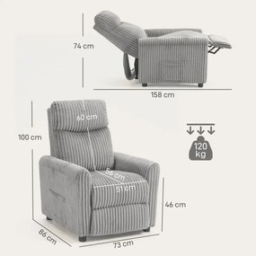 Poltrona Relax Reclinável Manual Estofada em Veludo com Apoio para Pés 73x86x100 cm Cinzento