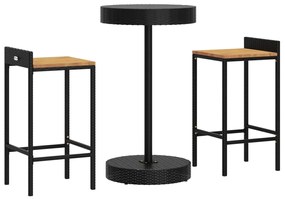 3 pcs conjunto de bar p/ jardim vime PE/acácia maciça preto
