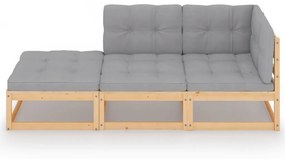 3 pcs conjunto lounge de jardim c/ almofadões pinho maciço