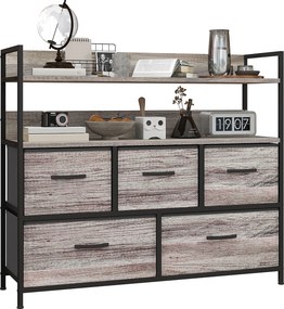 Móvel de arrumação de estilo industrial com 5 gavetas em tecido, dobráveis e removíveis, e prateleiras - 98 x 29 x 85 cm