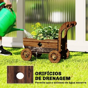 Carrinho de Madeira Decorativo Vaso Elevado com 4 Rodas Pega Orifícios de Drenagem 68x38x52 cm Carbonizado