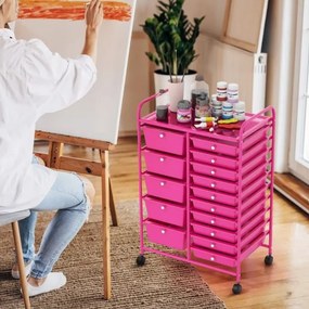 Carrinho de armazenamento multifuncional 63x37x87 cm com 15 gavetas coloridas, estrutura metálica e rodas bloqueáveis para casa e escritório, rosa