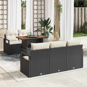 Conjunto de Sofá de Jardim de 6 Peças com Almofadas Rattan Preto Acáci