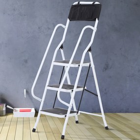 Escada Dobrável com 3 Degraus com Apoio para os Braços e Suporte para Ferramentas 51x66x131 cm Branco