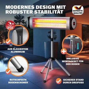 Aquecedor de exterior 2500 W, infravermelho, de pé Prateado