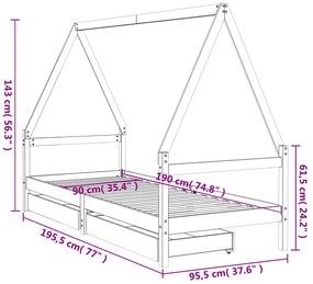 Estrutura cama infantil c/ gavetas 90x190cm pinho maciço branco