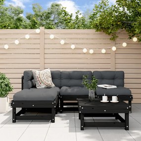 vidaXL 5pcs conjunto lounge jardim com almofadões madeira maciça preto