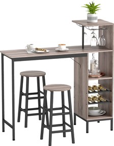 Conjunto de Mesa de Bar e 2 Bancos, 121,5 x 40 x 122 cm, Arrumação para Garrafas de Vinho, Castanho acinzento