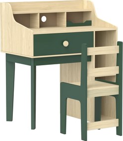 Conjunto de secretária e cadeira para criança com prateleiras de arrumação e gaveta, mobiliário para crianças dos 3 aos 10 anos, verde