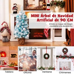 Mini Árvore de Natal artificial de mesa de 90 cm pré-decorada com 12 bolas de algodão 24 bolas decorativas Ramos de neve Azul