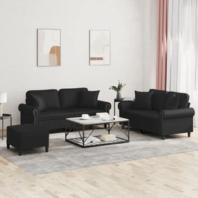 vidaXL 3 pcs conjunto de sofás com almofadas couro artificial preto