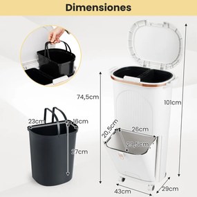 Caixote do lixo 43 x 29 x 74,5 cm para cozinha 38 L com Tampa dupla Camada 2 caixotes removíveis com Pedal e Rodas Branco