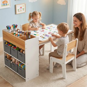 Conjunto de Mesa de Desenho Infantil e 2 Cadeiras, 102 x 58 x 64 cm, Arrumação Integrada, Madeira