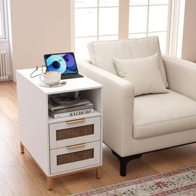 Mesa de cabeceira, Mesa apoio 60 x 35 x 61 cm em rattan com estação de carregamento e 2 gavetas estilo boho branco e dourado