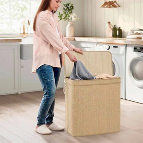Cesto para roupa suja de 130 litros 67 x 44 x 61 cm em bambu com 2 compartimentos e tampa, cor natural