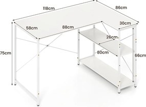 Secretária em forma de L 118 x 86 x 75 cm  com prateleira ajustável e estrutura metálica resistente para escritório Branco