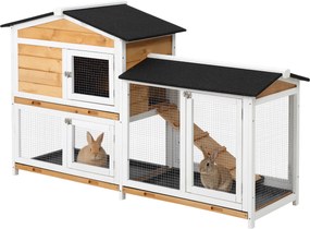 PawHut Coelheira de Madeira Exterior Gaiola para Coelhos de 2 Níveis com Teto Asfáltico 2 Cercados de Metal Bandeja Removível 3 Portas e Rampa 157,4x53x93,5cm Natural | Aosom Portugal