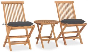 3 pcs conj. jantar dobrável exterior c/ almofadão teca maciça