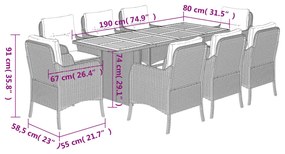 9 pcs conjunto de jantar p/ jardim c/ almofadões vime PE preto