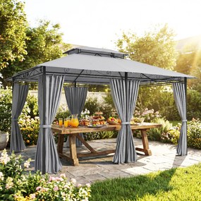 Pérgola para Jardim 3x4 m Pérgola de Exterior com Telhado Duplo 6 Paredes Laterais Estrutura Metálica Cinzento Escuro