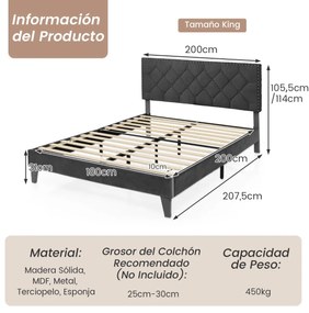 Estrutura Cama 200 x 180 cm em madeira estofada (Sem colchão), estrutura moderna com cabeceira acolchoada, botões para colchão, fácil montagem, cinza