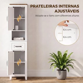 Armário Alto e Estreito Rústico para Casa de Banho com Gaveta Prateleira Aberta Portas e Prateleiras Ajustáveis 34,5x30x148 cm Branco