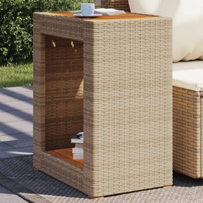vidaXL Mesa apoio jardim c/ tampo madeira 60x40x75 cm vime PE bege