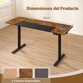 Secretária Elevatória Elétrica, 160 x 60 x 72-118 cm, 3 Alturas Memorizáveis, Castanho