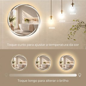 Espelho Redondo LED para Casa de Banho 60x60 cm de Parede com Antiembaciamento Memória 3 Temperaturas de Cor e Brilho Regulável