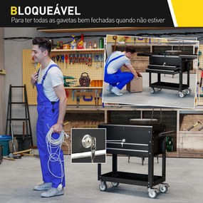 Carrinho de Ferramentas com Rodas Carrinho de Oficina Móvel com Tampa Deslizante 2 Gavetas com Fecho Bandeja 77,5–130x38x80 cm Preto