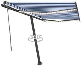 Toldo automático LED e sensor de vento 300x250 cm azul e branco