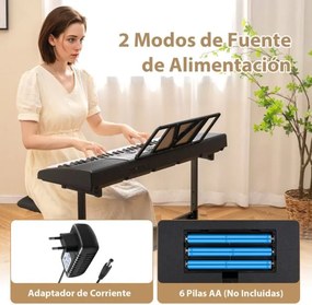 Teclado eletrónico portátil iluminado de 61 teclas com estrado e banco Conjunto de piano digital  50 canções de demonstração Branco + Preto