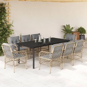 9 pcs conj. jantar jardim c/ almofadões vime PE bege misturado