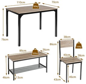 Conjunto de mesa de cozinha com 2 cadeiras e 1 banco Estrutura metálica e estante Cinzento