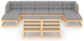9 pcs conjunto lounge de jardim c/ almofadões pinho maciço