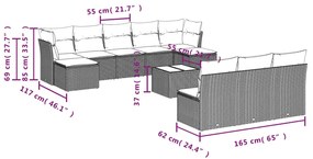 11 pcs conjunto sofás de jardim c/ almofadões vime PE bege