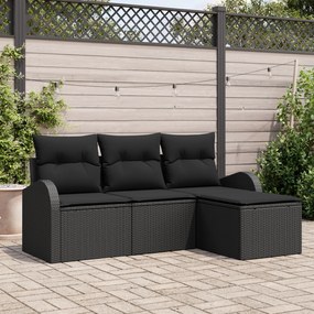 Conjunto de Sofá de Jardim vidaXL 4 Peças com Almofadas Preto Rattan P